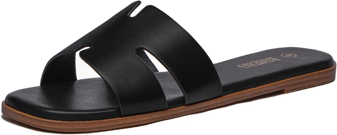 Rihero Women's Dressy Flat Sandals Comfortable Slip On Leather Slide Sandals