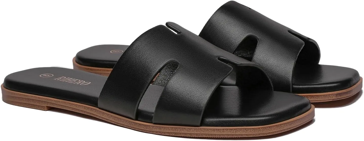 Rihero Women's Dressy Flat Sandals Comfortable Slip On Leather Slide Sandals