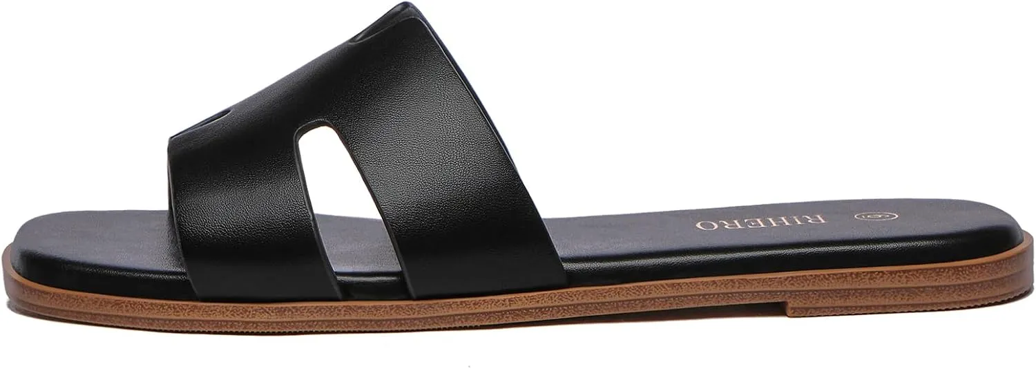 Rihero Women's Dressy Flat Sandals Comfortable Slip On Leather Slide Sandals