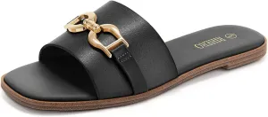 Rihero Women's Flat Sandals Summer Comfortable Square Open Toe Slip On Leather Slide Sandals