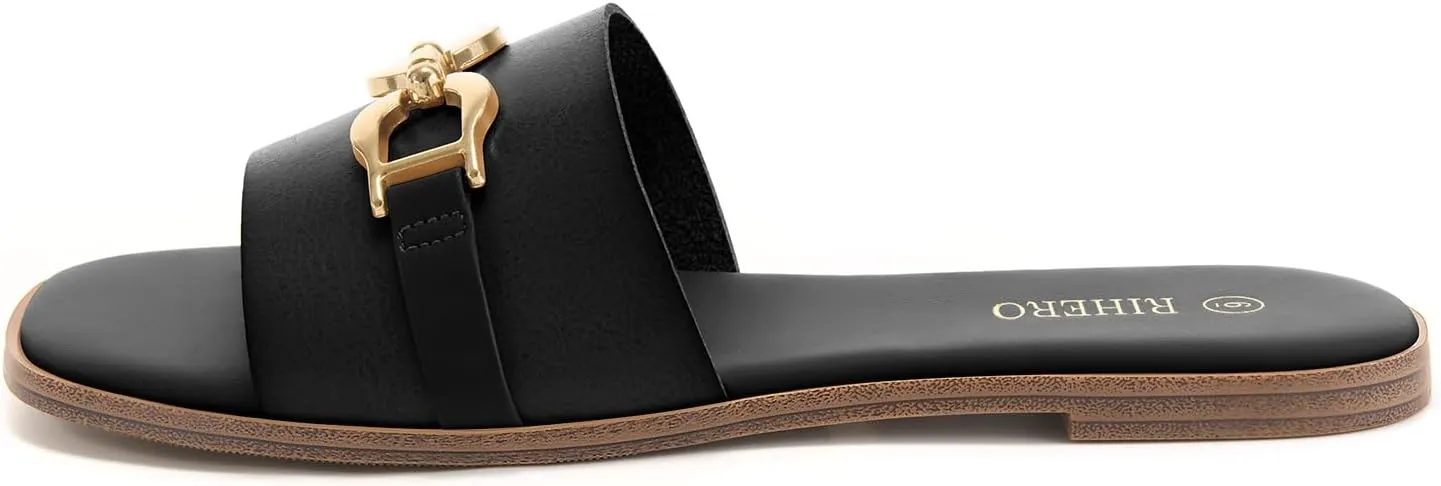 Rihero Women's Flat Sandals Summer Comfortable Square Open Toe Slip On Leather Slide Sandals