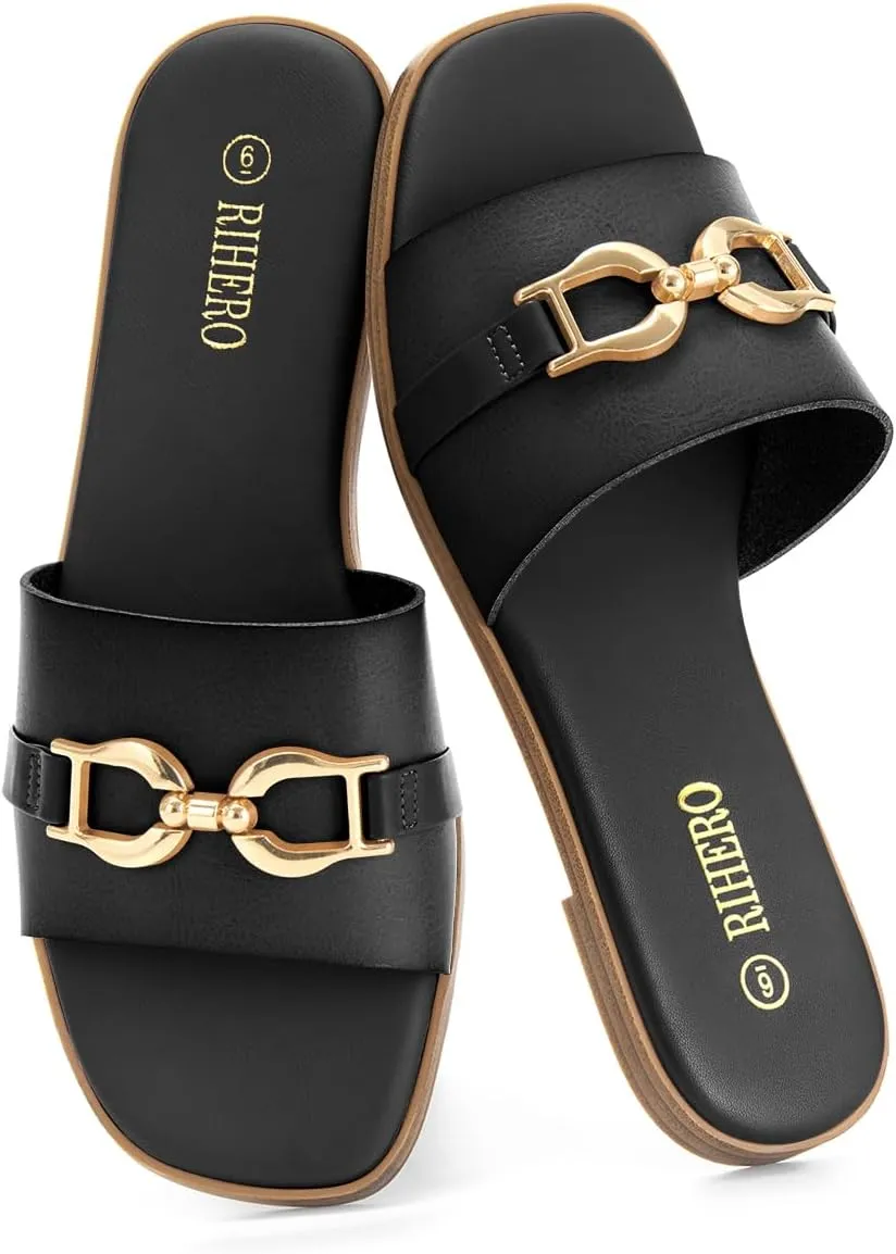 Rihero Women's Flat Sandals Summer Comfortable Square Open Toe Slip On Leather Slide Sandals