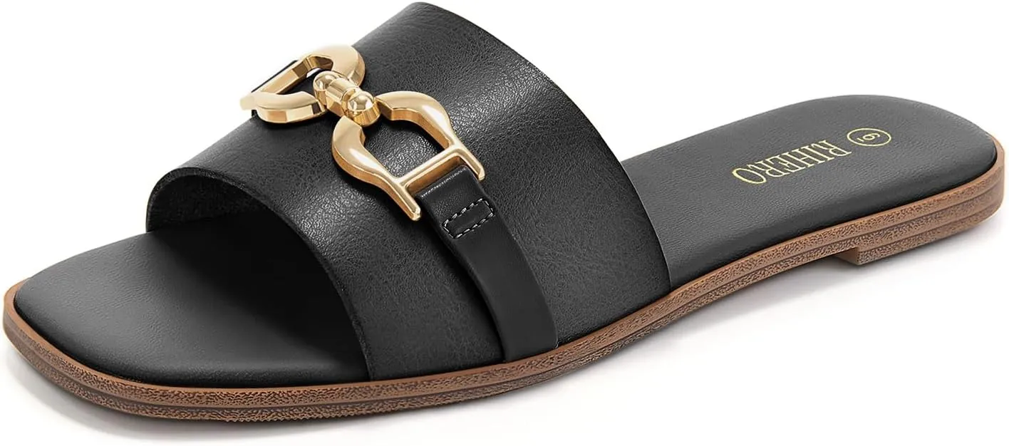 Rihero Women's Flat Sandals Summer Comfortable Square Open Toe Slip On Leather Slide Sandals