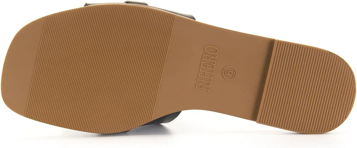 Rihero Women's Flat Sandals Summer Comfortable Square Open Toe Slip On Leather Slide Sandals
