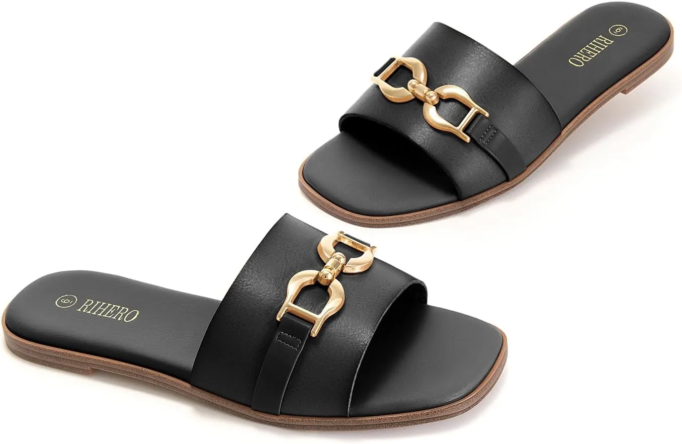 Rihero Women's Flat Sandals Summer Comfortable Square Open Toe Slip On Leather Slide Sandals