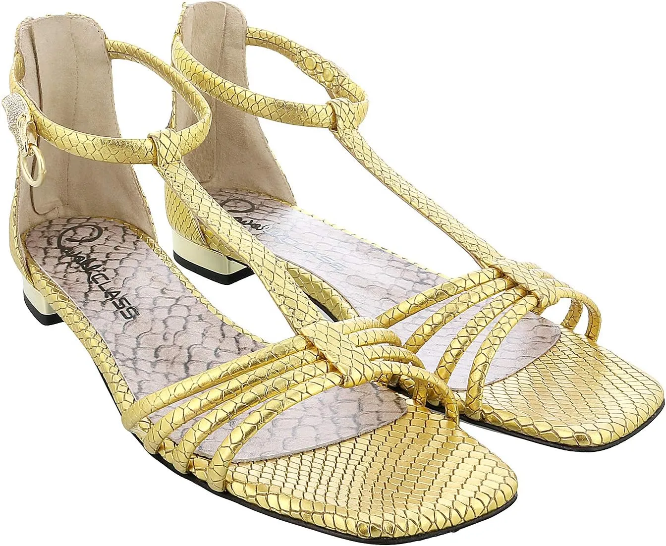 ROBERTO CAVALLI Class Gold Leather Classic Flat Sandal With Straps- for Womens