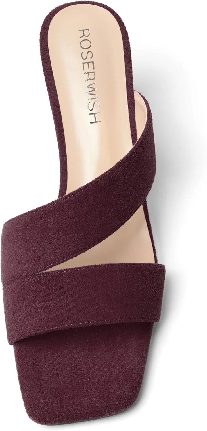 ROSERWISH Womens Open Toe Comfortable Suede Dating Slip On Casual Block Mid Heel Heeled Sandals 2.5 Inch