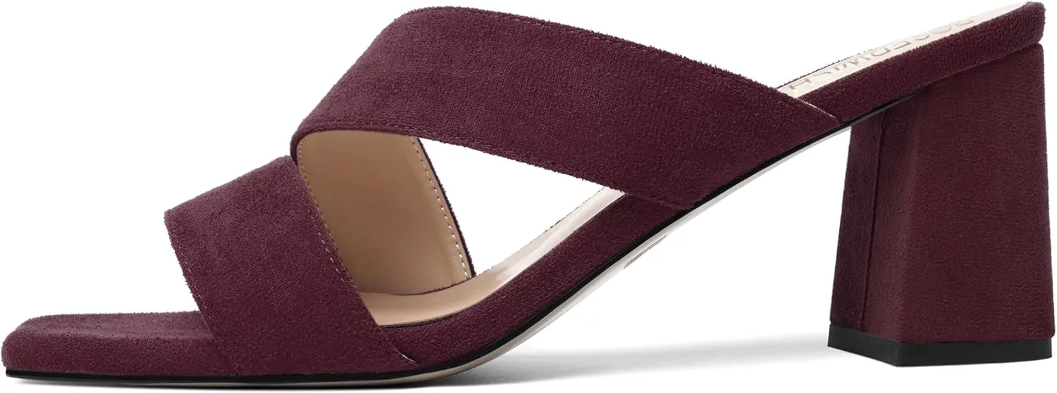 ROSERWISH Womens Open Toe Comfortable Suede Dating Slip On Casual Block Mid Heel Heeled Sandals 2.5 Inch