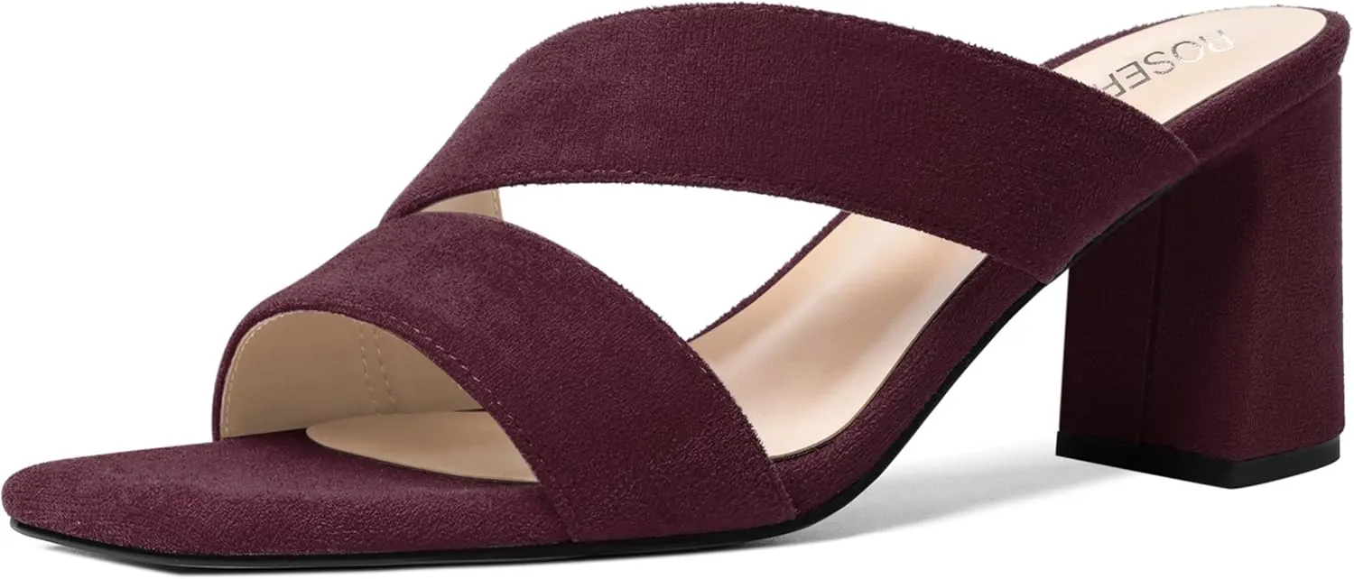 ROSERWISH Womens Open Toe Comfortable Suede Dating Slip On Casual Block Mid Heel Heeled Sandals 2.5 Inch