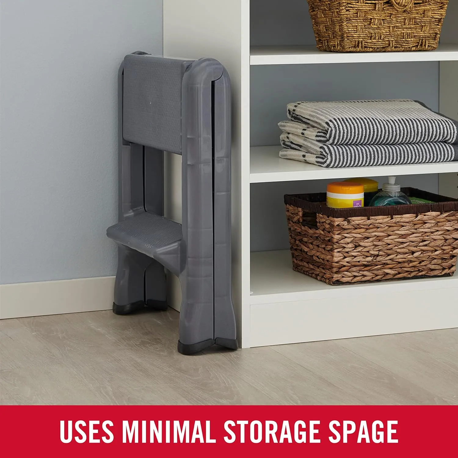 Rubbermaid Two-Step Folding Foot Stool 14-Inch High Gray 300-Pound Capacity Small Step Stool for Adults/Kids for Use in Library/Kitchen/Bathroom/Garage/Closet