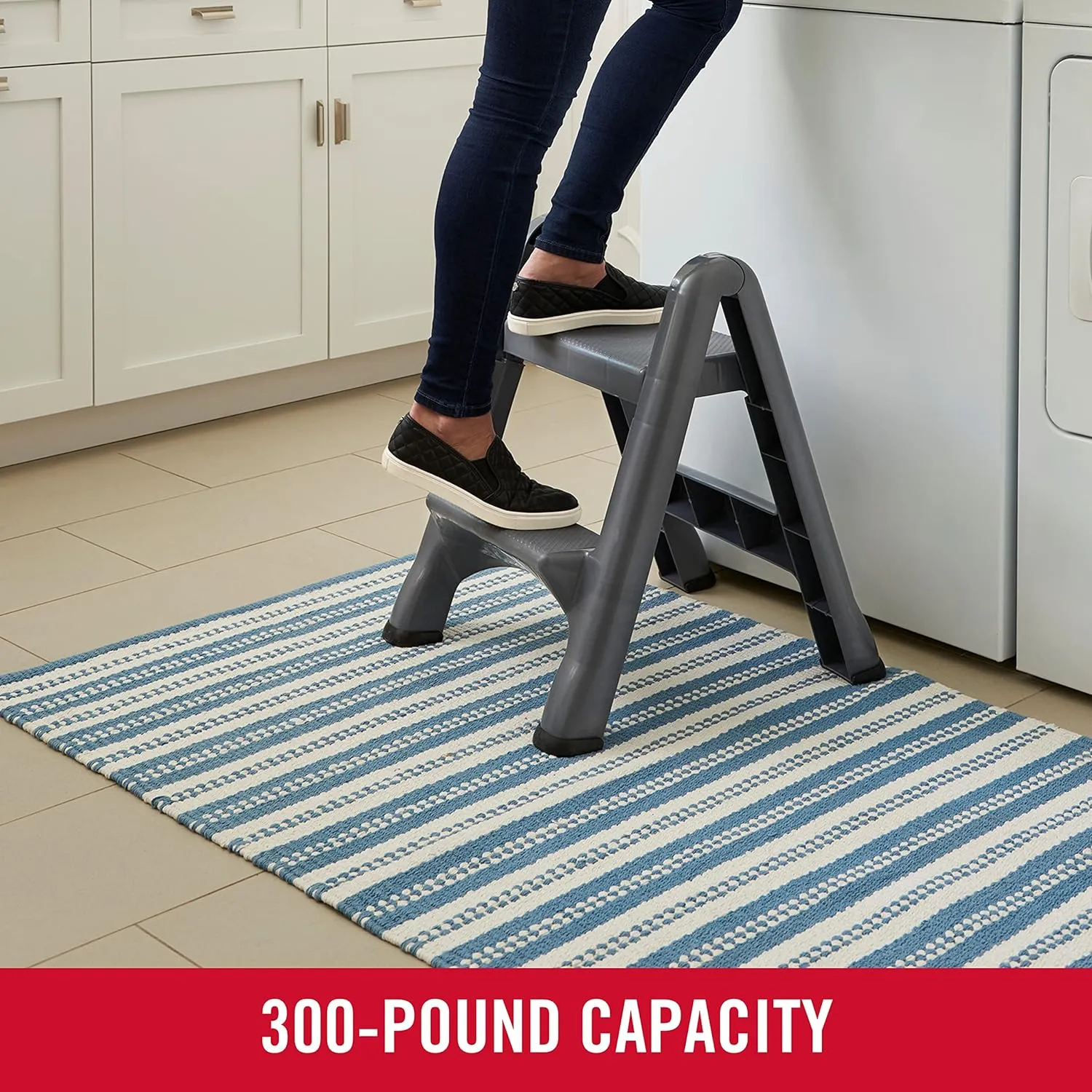 Rubbermaid Two-Step Folding Foot Stool 14-Inch High Gray 300-Pound Capacity Small Step Stool for Adults/Kids for Use in Library/Kitchen/Bathroom/Garage/Closet
