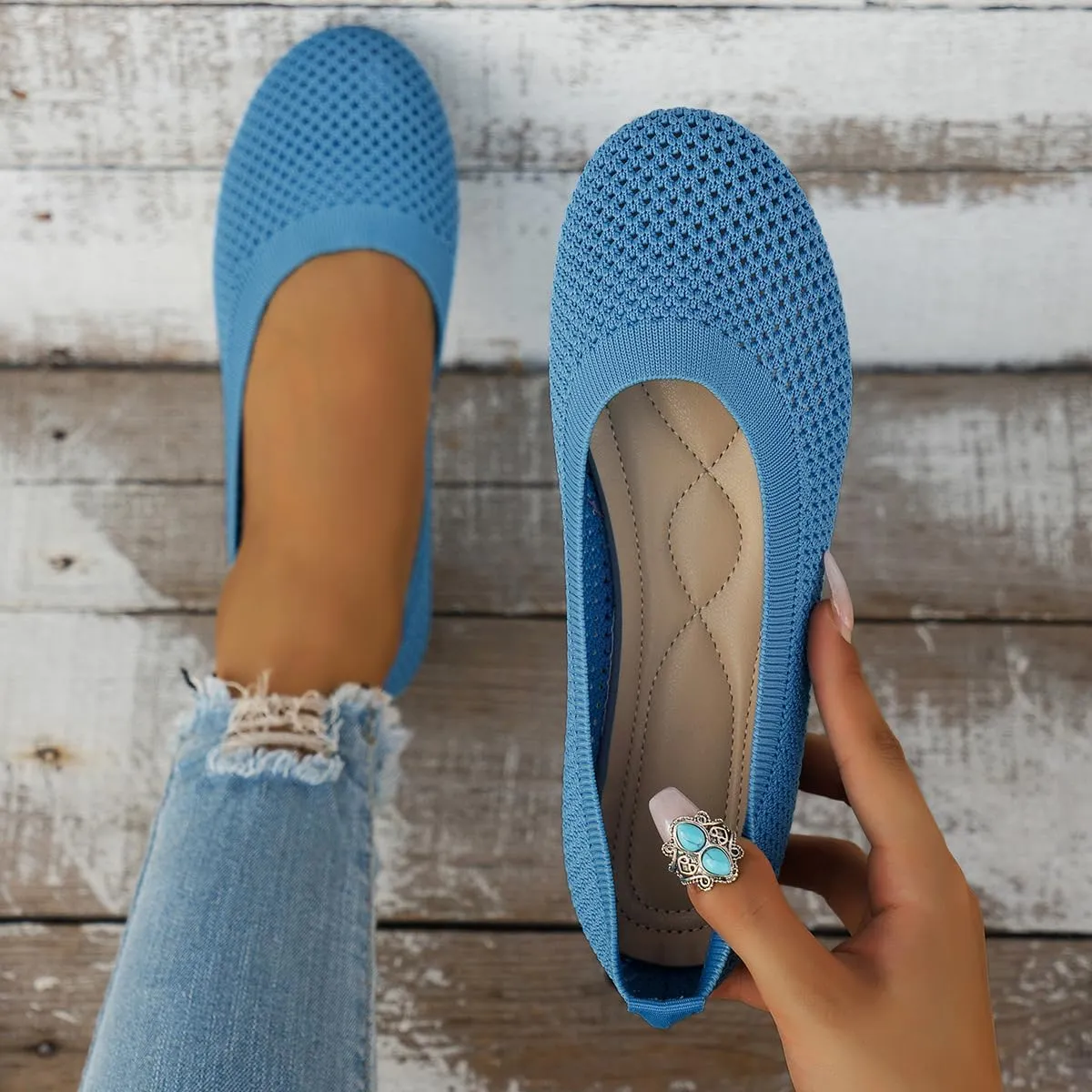 SACFOF Women's Knitted Flat Shoes Lightweight Comfortable Loafers Footwear Slip On Casual Breathable Mesh Walking Shoes
