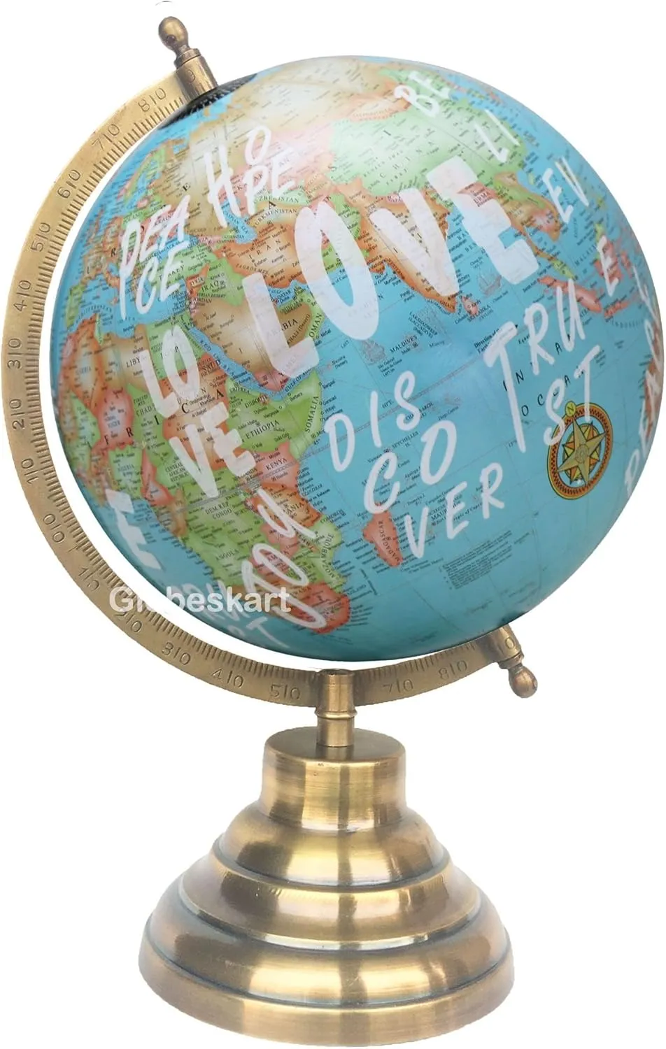 Samyuktha Educational/Antique Globe with Brass Antique Arc and Base/World Globe/Home Decor/Office Decor/Gift Item / 8 inches (Love Calligraphy Blue)