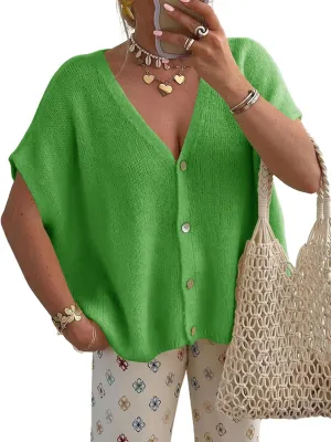 Saodimallsu Womens Summer Oversized Cardigans Batwing Short Sleeve Lightweight Button V Neck Casual Knit Sweater Tops