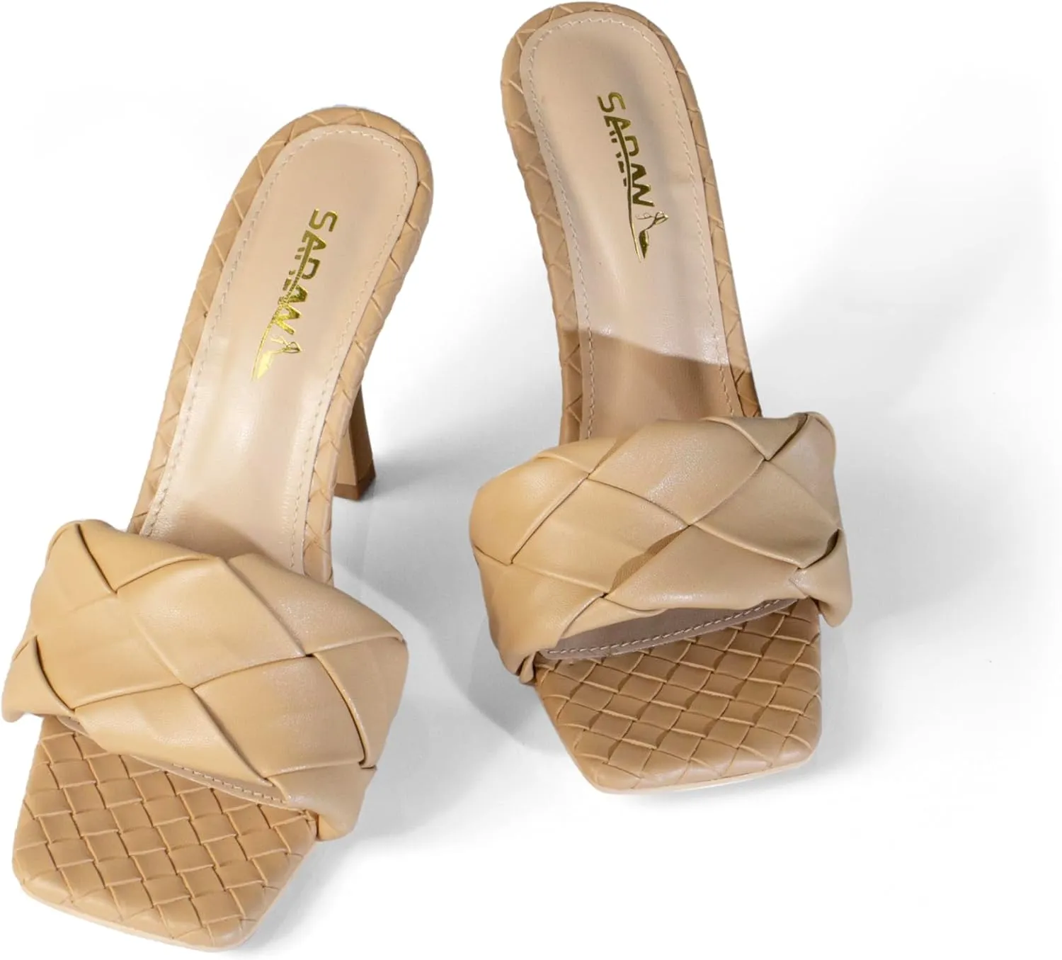 sarawill Women's Braided Heeled Sandals High Heel Slides Open Square Toe Stilettos Heeled Mules Slip On Summer Heel Sexy Party Dress Shoes for Ladies