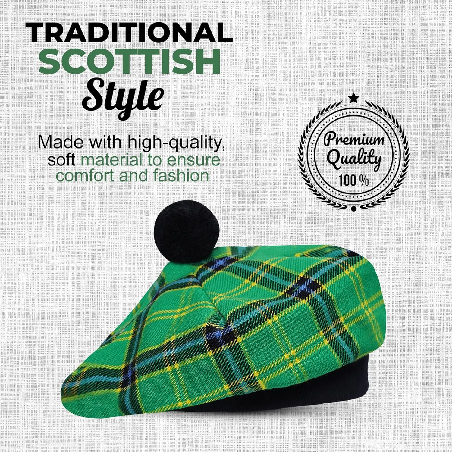 Scottish Traditional Tam o' Shatner Acrylic Wool Tammy Hat Flat Bonnet Kilt Many Tartans