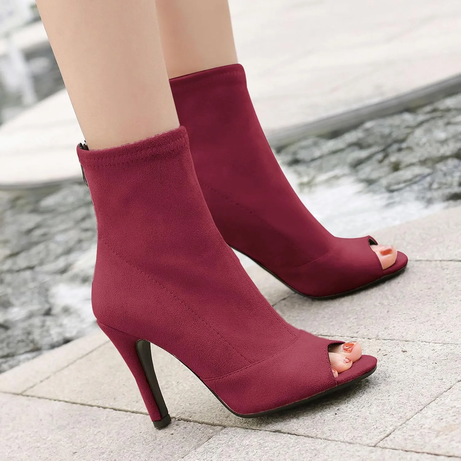 SHEMEE Women's Summer Peep Toe Stiletto High Heels Ankle Boots Faux Suede Open Toe Sandals Booties Shoes with Back Zipper
