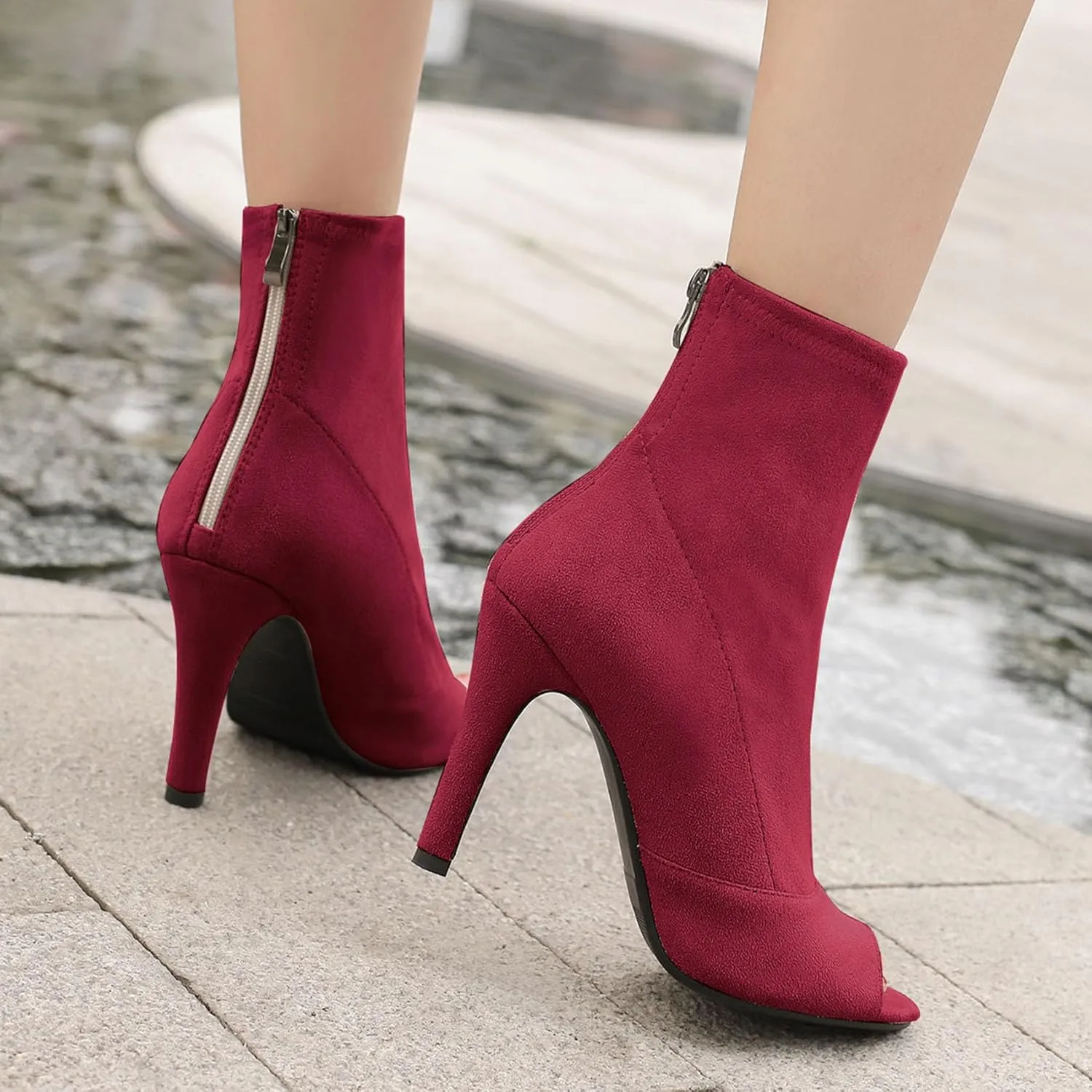 SHEMEE Women's Summer Peep Toe Stiletto High Heels Ankle Boots Faux Suede Open Toe Sandals Booties Shoes with Back Zipper