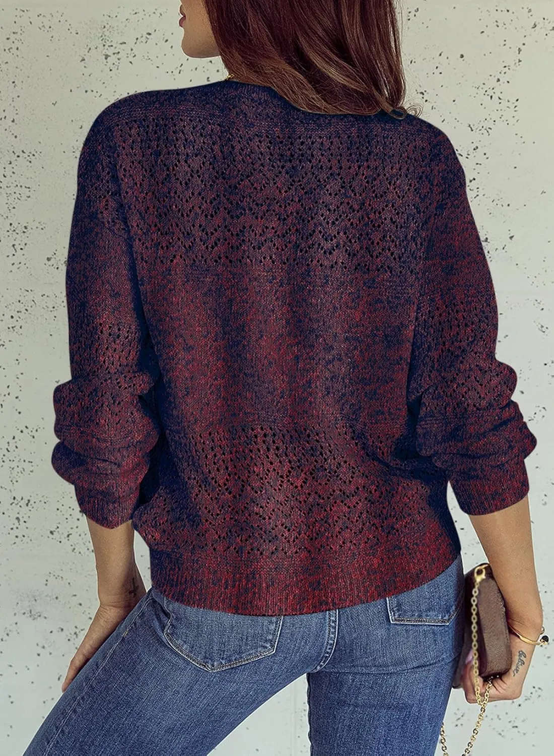 SHEWIN Womens Sweaters Casual Long Sleeve V Neck Lightweight Crochet Pullover Sweater Tops