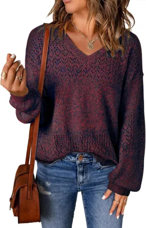 SHEWIN Womens Sweaters Casual Long Sleeve V Neck Lightweight Crochet Pullover Sweater Tops