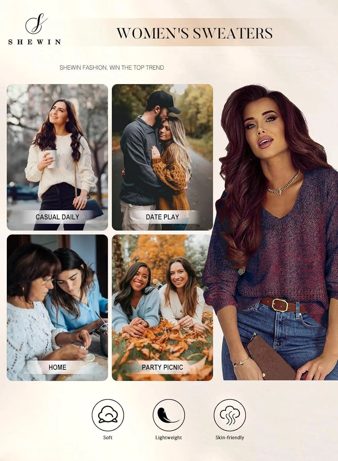 SHEWIN Womens Sweaters Casual Long Sleeve V Neck Lightweight Crochet Pullover Sweater Tops