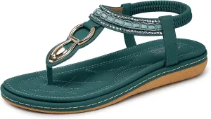 SHIBEVER Womens Sandals Dressy Summer: Women Comfortable Walking Flat Bohemian T-Strap Ladies Casual Comfy Sandals