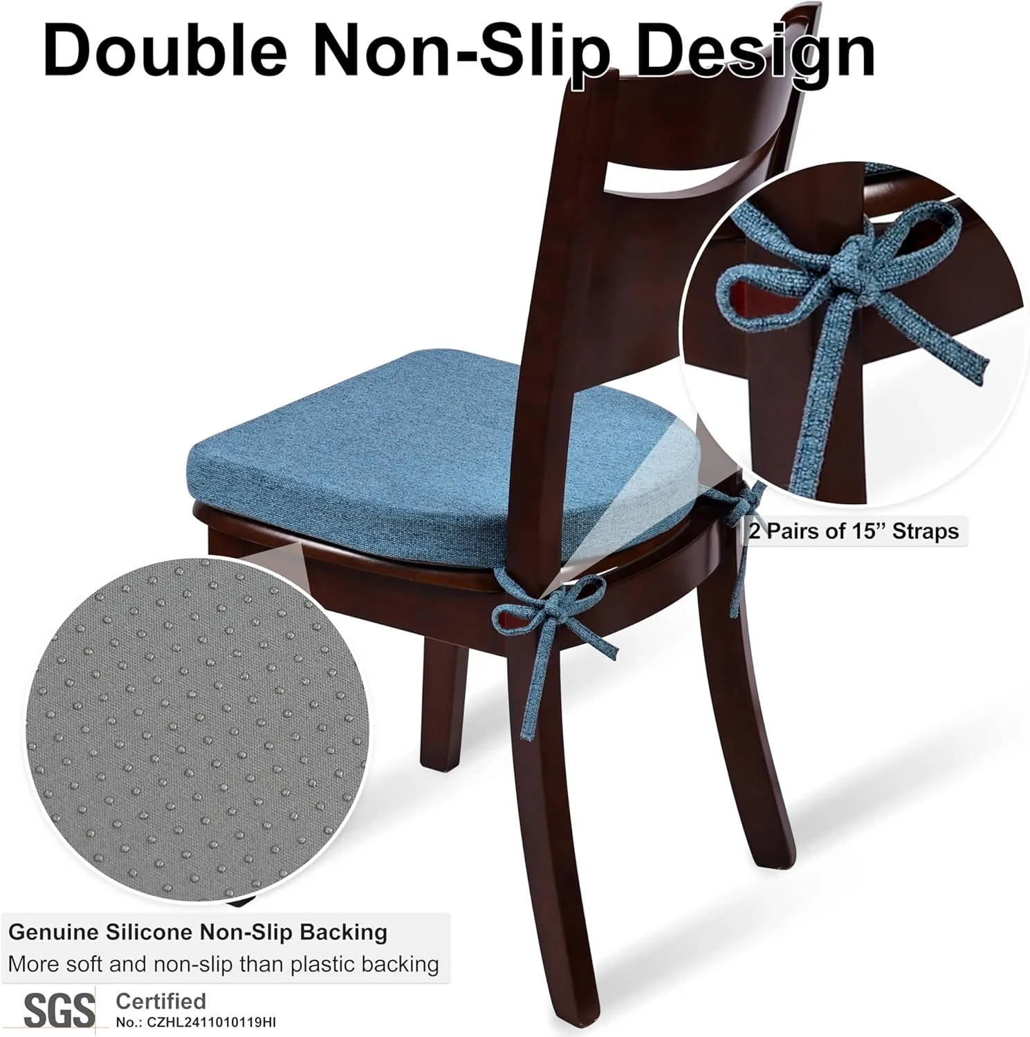 Shinnwa Dining Chair Cushions Set of 2, Non-Slip Kitchen Chair Cushions with Ties and Machine Washable Cover, 2 Pack, 17 x 16.5 x 2in, Blue