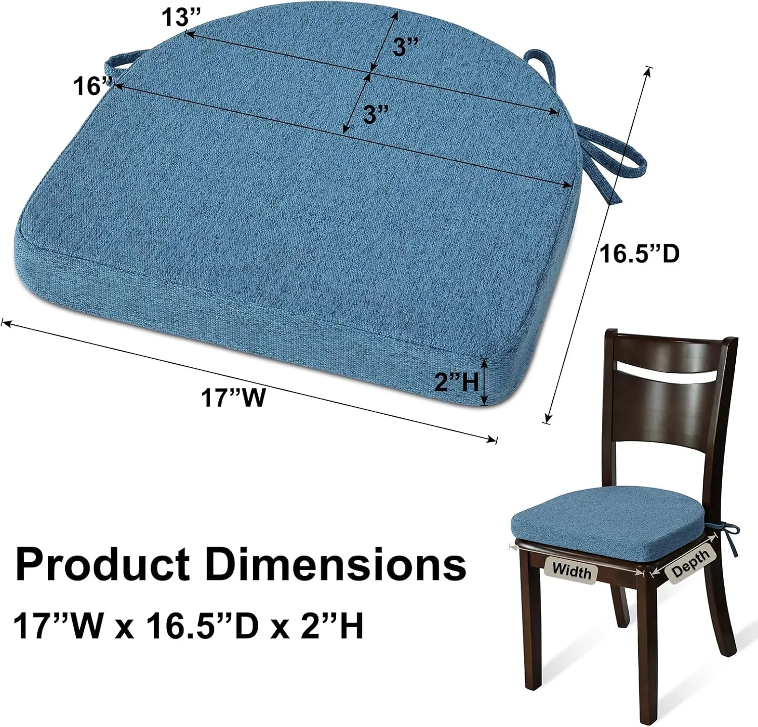 Shinnwa Dining Chair Cushions Set of 2, Non-Slip Kitchen Chair Cushions with Ties and Machine Washable Cover, 2 Pack, 17 x 16.5 x 2in, Blue