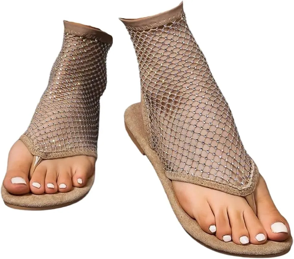 Shiny Rhinestone Mesh Flats, Bling Sandals for Women, Stretch Fishnet Stockings Hollow Short Bling Flat Shoes (Khaki,10.5-11)