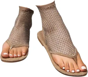 Shiny Rhinestone Mesh Flats, Bling Sandals for Women, Stretch Fishnet Stockings Hollow Short Bling Flat Shoes (Khaki,10.5-11)
