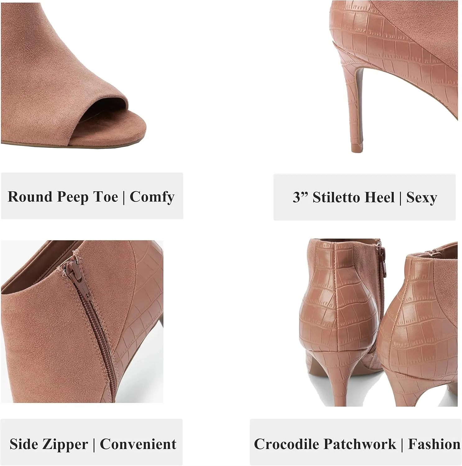 SHODENSE Open Peep Toe Stiletto Booties for Women Zipper Sexy 3" High Heels Ankle Boots Crocodile Zip Up Dress Boot Round Toe Suede Sandal Booties Patchwork Fall Summer Party Wedding Office 4-11 M US