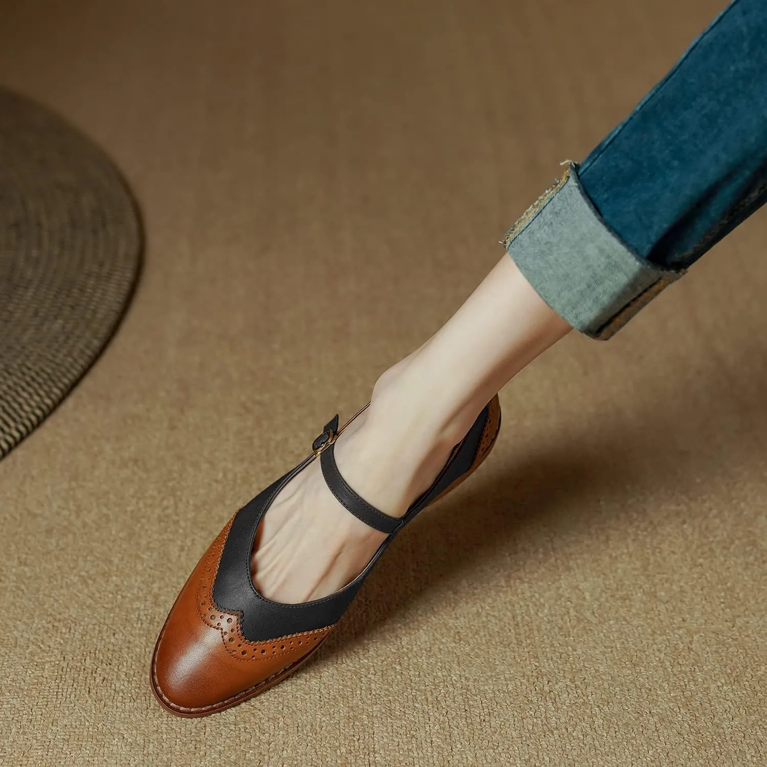 SHODENSE Women Mary Jane Flats Round Toe Ankle Strap Flat Shoes Two Tone Wingtip Oxfords Mary Jane Perforated Retro 1 Flat Heel Dress Shoes Almond Toe Patchwork Comfy Driver Flats 4-11 M US