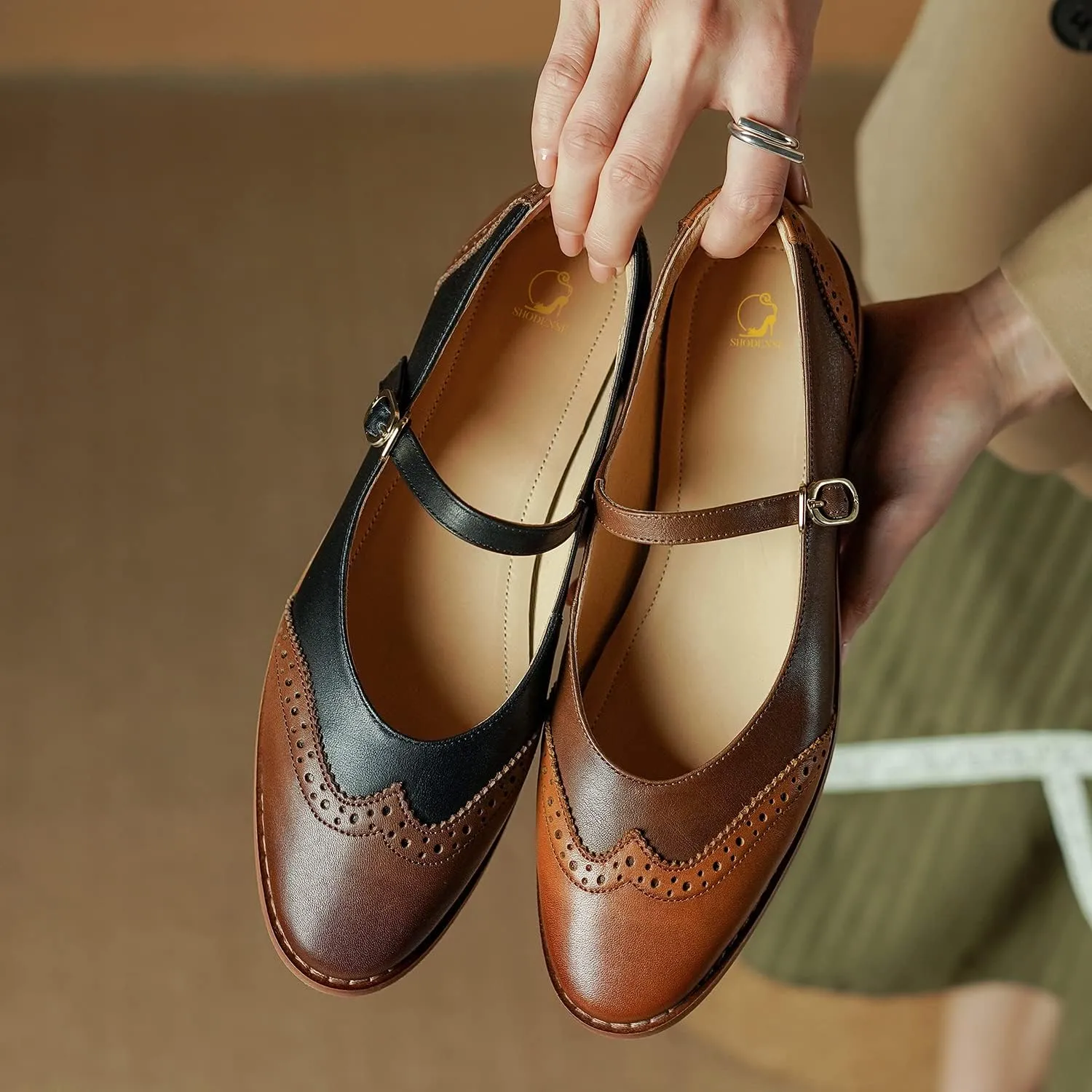 SHODENSE Women Mary Jane Flats Round Toe Ankle Strap Flat Shoes Two Tone Wingtip Oxfords Mary Jane Perforated Retro 1 Flat Heel Dress Shoes Almond Toe Patchwork Comfy Driver Flats 4-11 M US