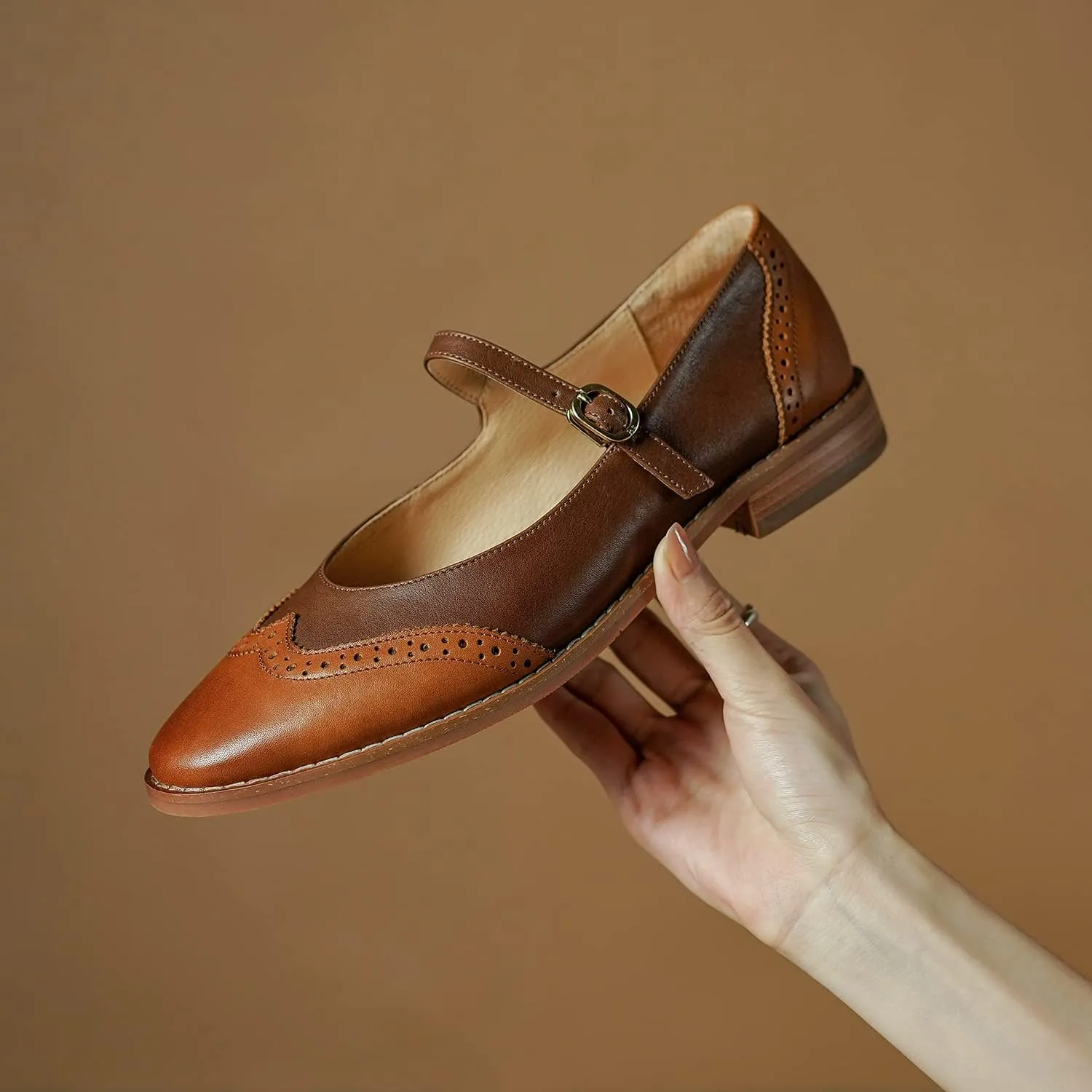 SHODENSE Women Mary Jane Flats Round Toe Ankle Strap Flat Shoes Two Tone Wingtip Oxfords Mary Jane Perforated Retro 1 Flat Heel Dress Shoes Almond Toe Patchwork Comfy Driver Flats 4-11 M US