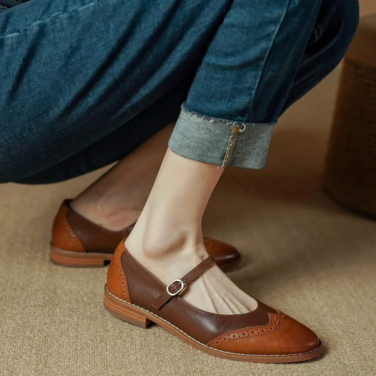 SHODENSE Women Mary Jane Flats Round Toe Ankle Strap Flat Shoes Two Tone Wingtip Oxfords Mary Jane Perforated Retro 1 Flat Heel Dress Shoes Almond Toe Patchwork Comfy Driver Flats 4-11 M US