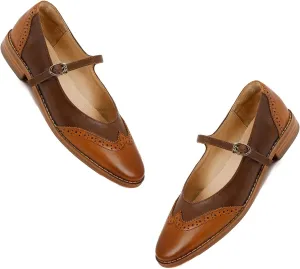 SHODENSE Women Mary Jane Flats Round Toe Ankle Strap Flat Shoes Two Tone Wingtip Oxfords Mary Jane Perforated Retro 1 Flat Heel Dress Shoes Almond Toe Patchwork Comfy Driver Flats 4-11 M US