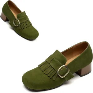 SHODENSE Women Vintage Low Chunky Block Heel Loafers Pumps Square Closed Toe Suede Penny Loafers Slip On Wingtip Oxford Shoes Metal Buckle Strap Comfort Dress Loafer Office Ladies Work Club 4-11 M US
