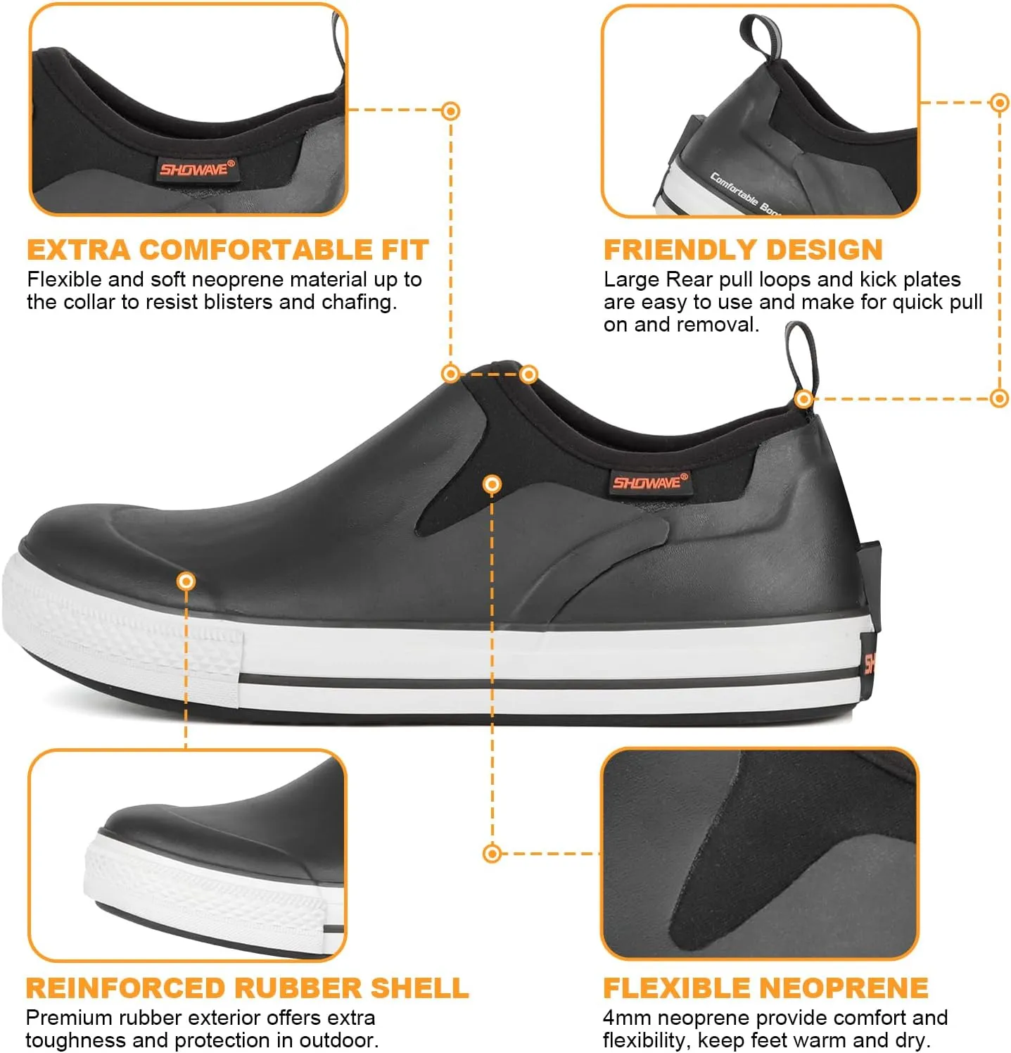 Showave Men's Deck Boots Rain Boots Waterproof Slip-on Low Cut Shoes, Non-Slip Rubber Boots, Lightweight Shoes Outdoor for Walk, Mud, Fishing, Gardening & Farming