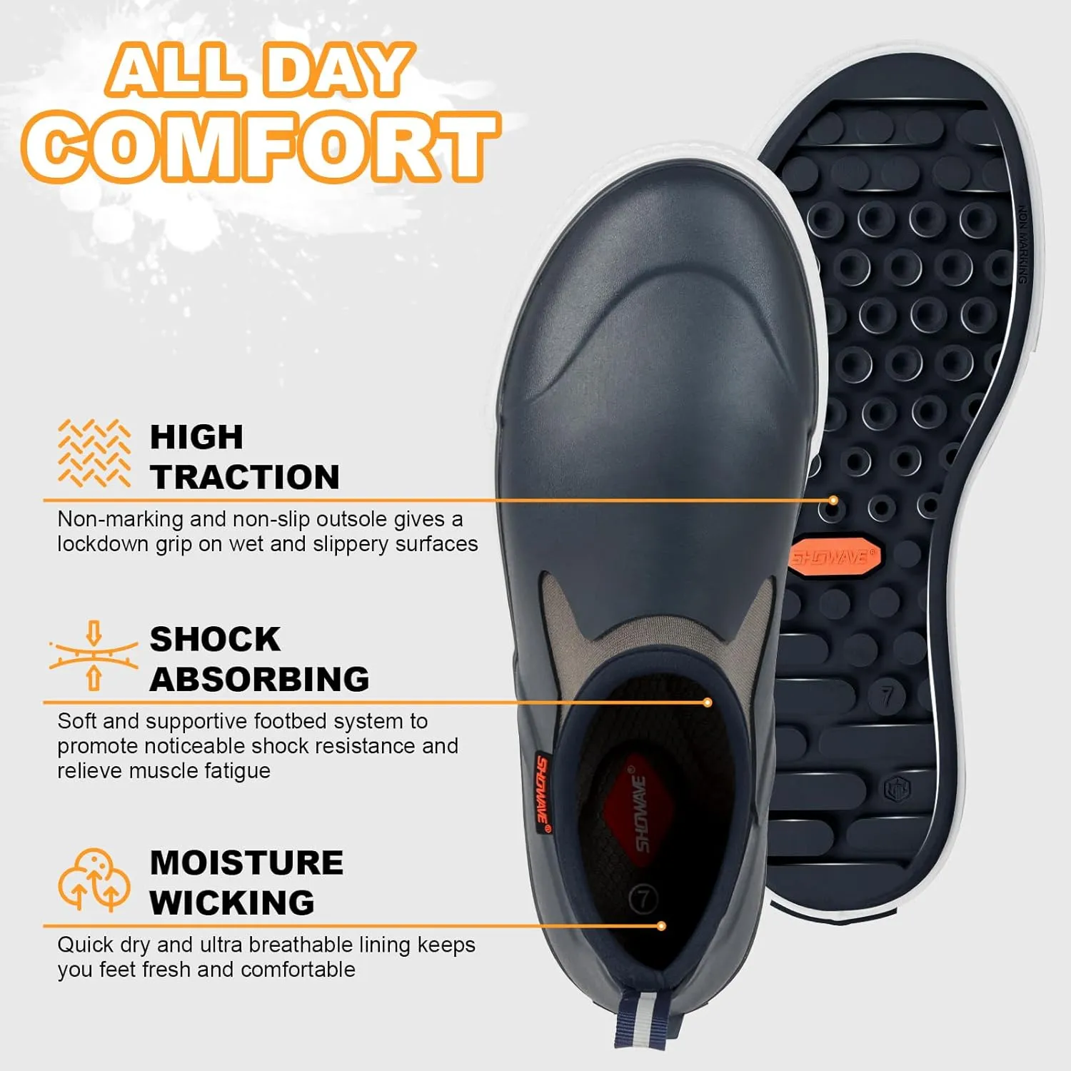 Showave Men's Deck Boots Rain Boots Waterproof Slip-on Low Cut Shoes, Non-Slip Rubber Boots, Lightweight Shoes Outdoor for Walk, Mud, Fishing, Gardening & Farming