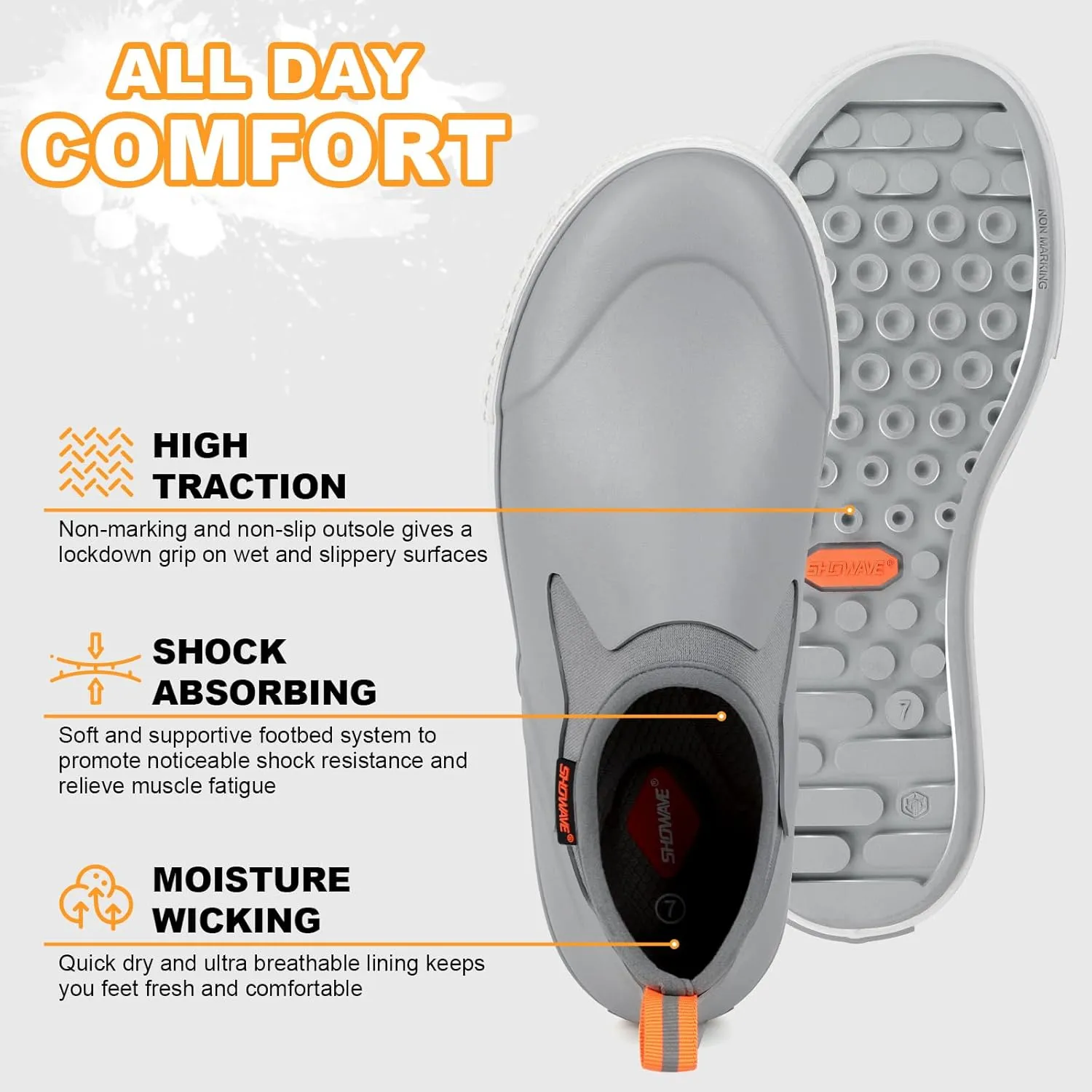 Showave Men's Deck Boots Rain Boots Waterproof Slip-on Low Cut Shoes, Non-Slip Rubber Boots, Lightweight Shoes Outdoor for Walk, Mud, Fishing, Gardening & Farming
