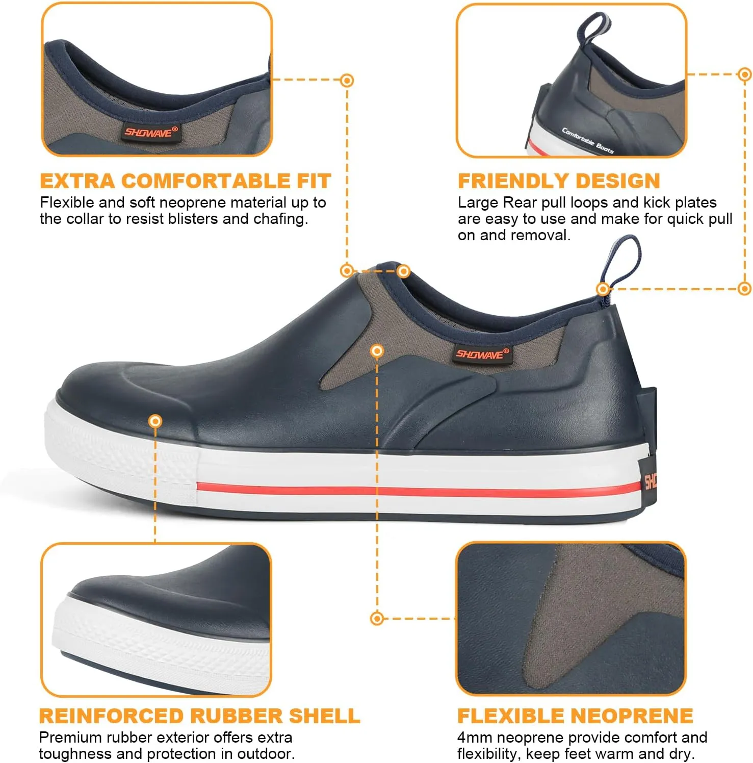 Showave Men's Deck Boots Rain Boots Waterproof Slip-on Low Cut Shoes, Non-Slip Rubber Boots, Lightweight Shoes Outdoor for Walk, Mud, Fishing, Gardening & Farming
