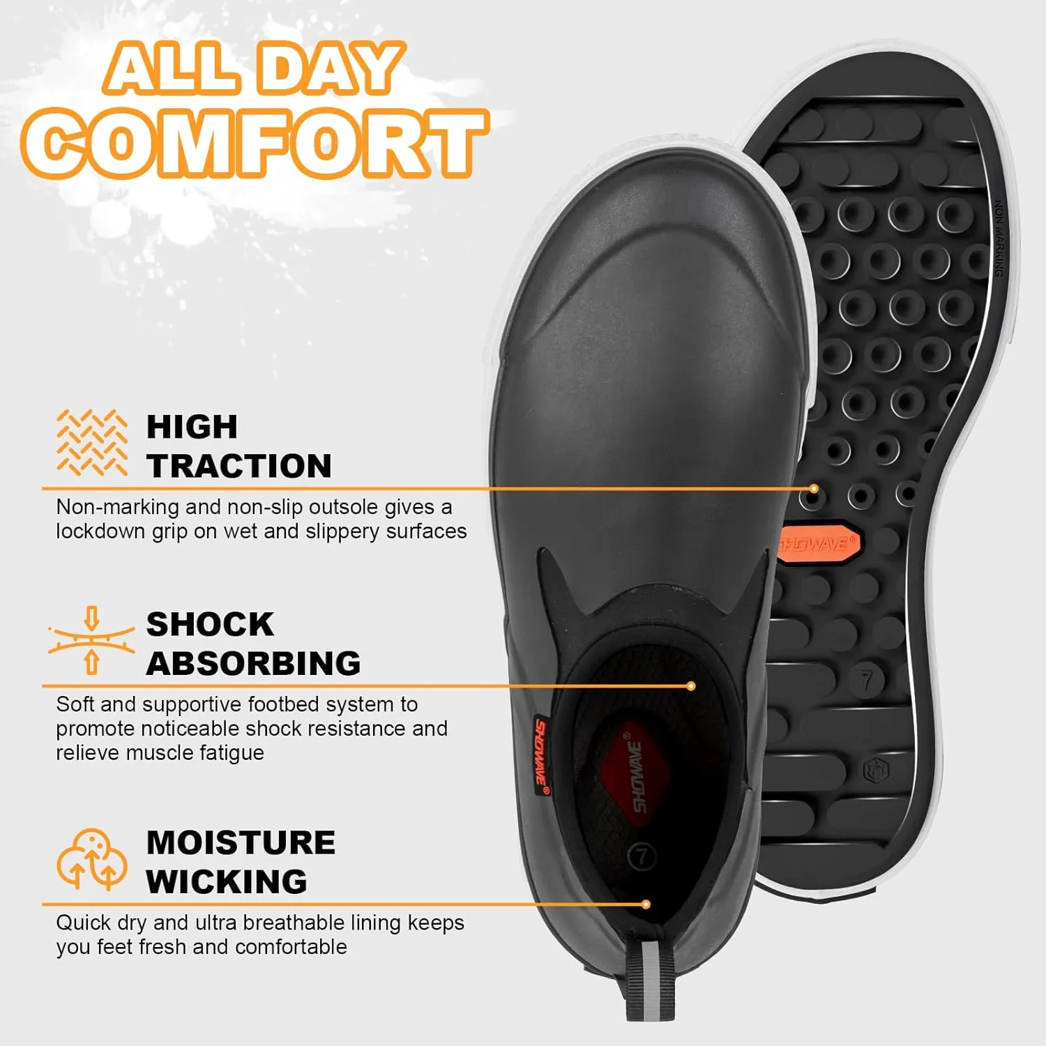 Showave Men's Deck Boots Rain Boots Waterproof Slip-on Low Cut Shoes, Non-Slip Rubber Boots, Lightweight Shoes Outdoor for Walk, Mud, Fishing, Gardening & Farming