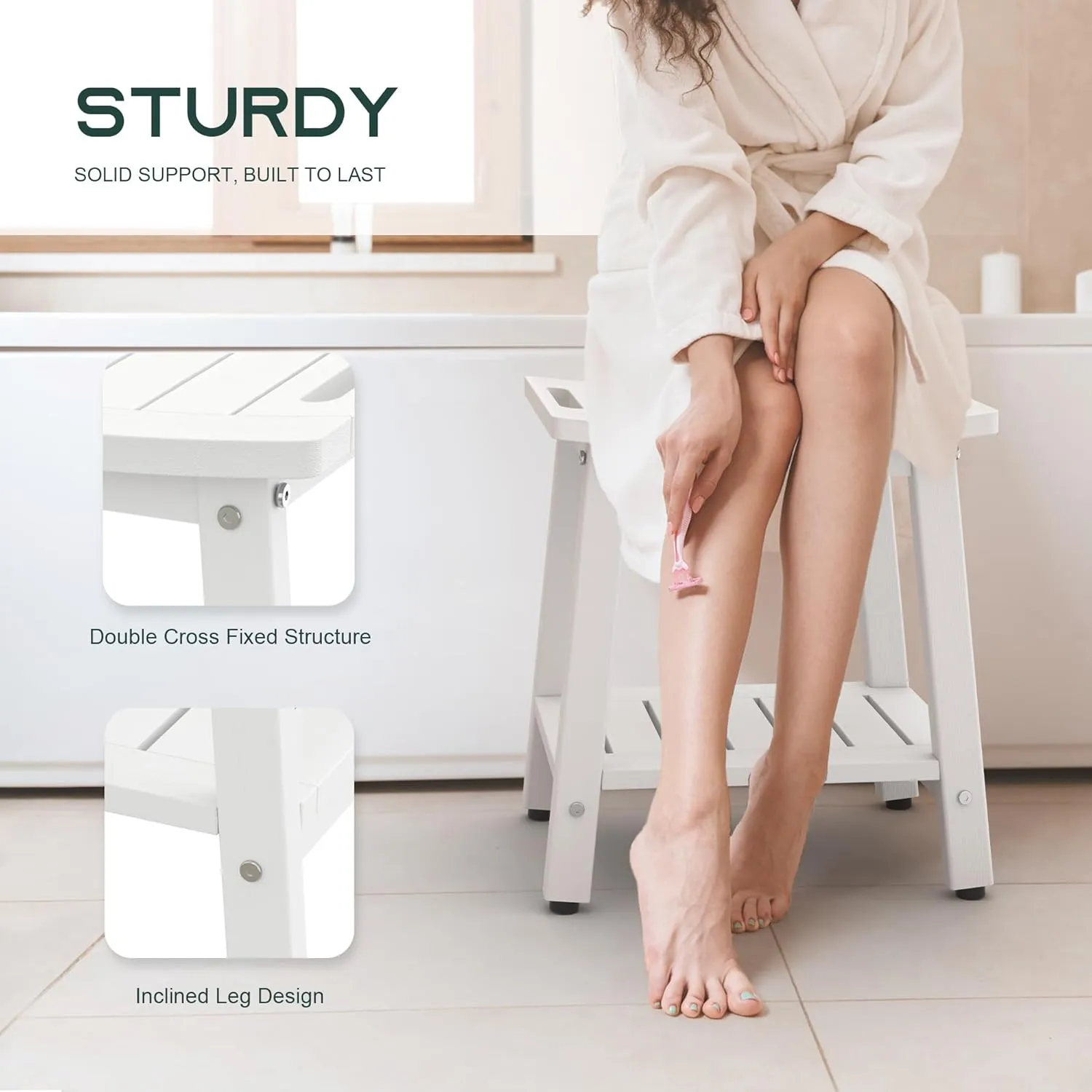 Shower Bench for Inside Shower - White HDPE Shower Stool Waterproof - Spa Bathroom Seat Chair with Handle, Storage Shelf, Adjustable Feet - Indoor/Outdoor, Weather Resistant