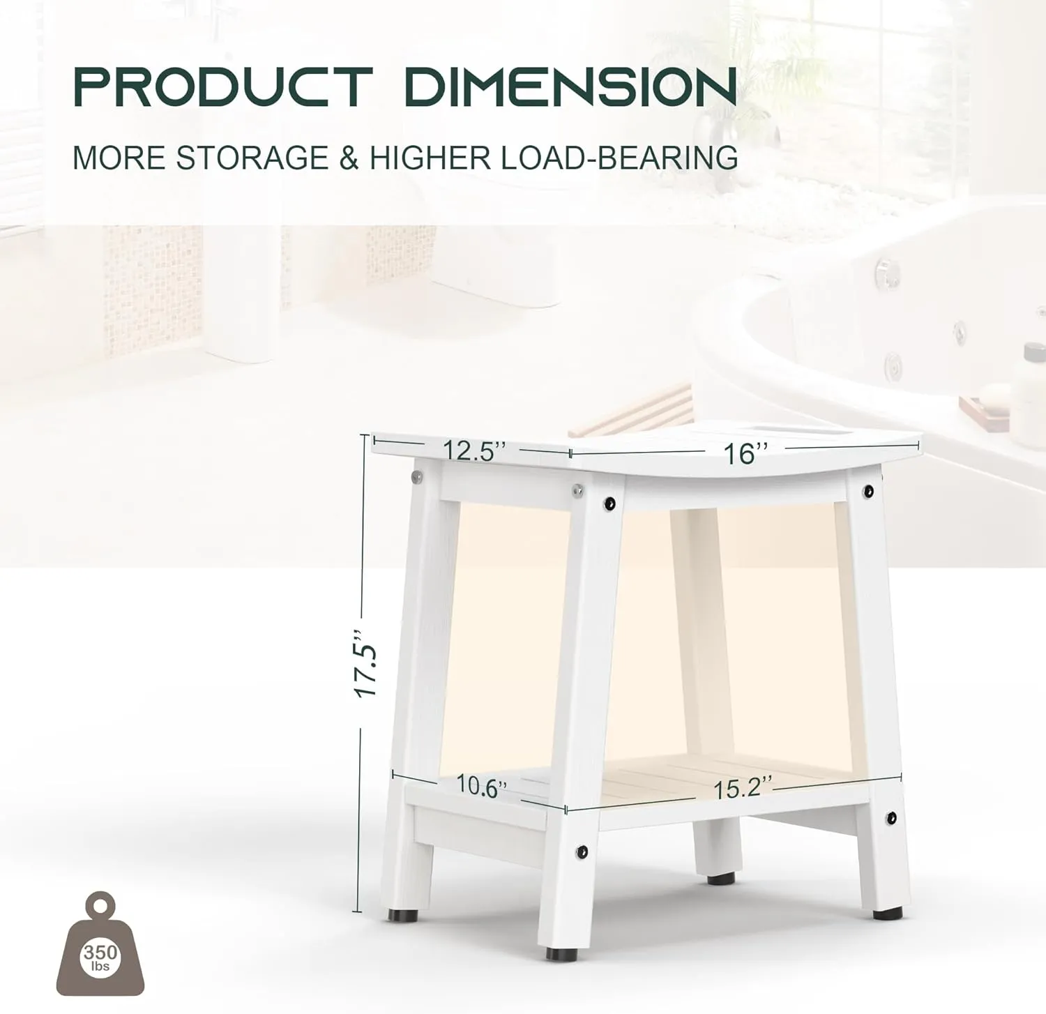 Shower Bench for Inside Shower - White HDPE Shower Stool Waterproof - Spa Bathroom Seat Chair with Handle, Storage Shelf, Adjustable Feet - Indoor/Outdoor, Weather Resistant