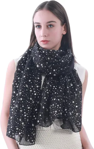Silver Gold Glitter Shimmer Sparkle Foil Star Print Women's Scarf Shawl Wrap Lightweight