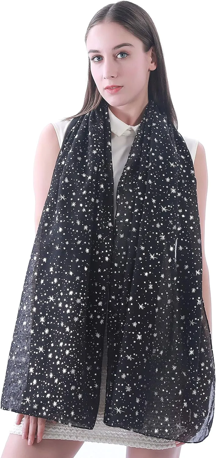Silver Gold Glitter Shimmer Sparkle Foil Star Print Women's Scarf Shawl Wrap Lightweight