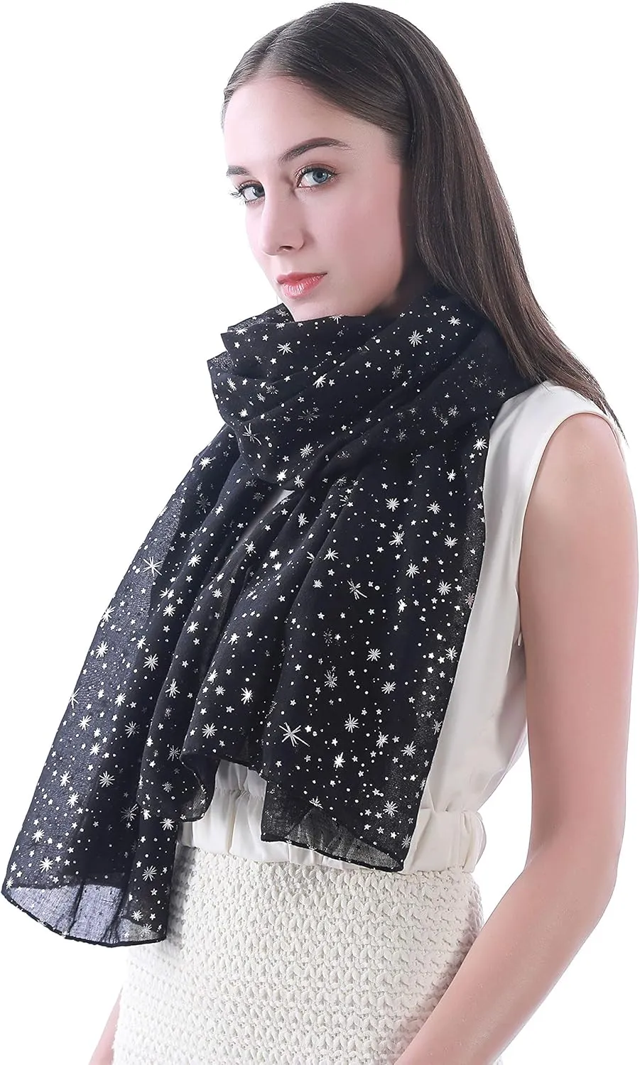 Silver Gold Glitter Shimmer Sparkle Foil Star Print Women's Scarf Shawl Wrap Lightweight