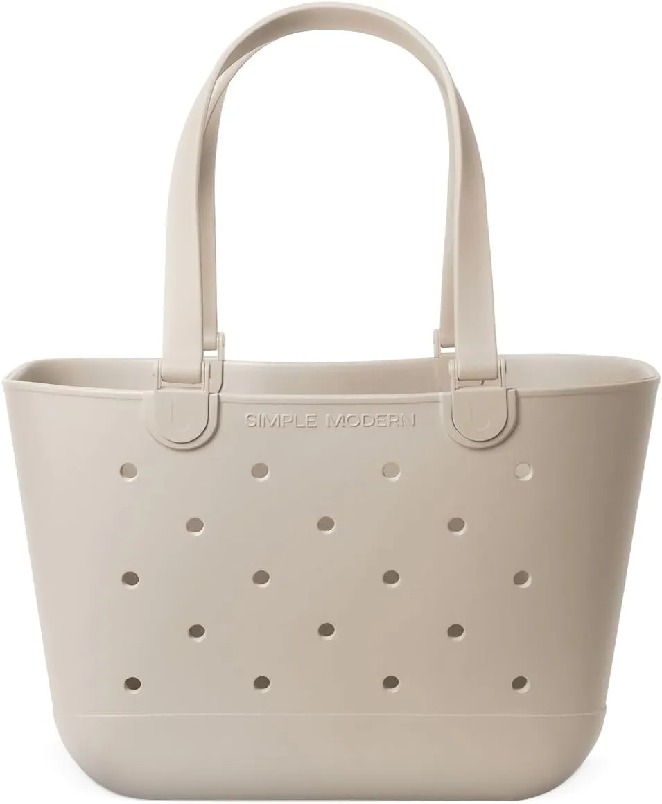 Simple Modern Large Beach Bag | Waterproof Getaway Rubber Tote with Zipper Pocket for Travel, Pool, Boat, Groceries, Sports | Almond Birch