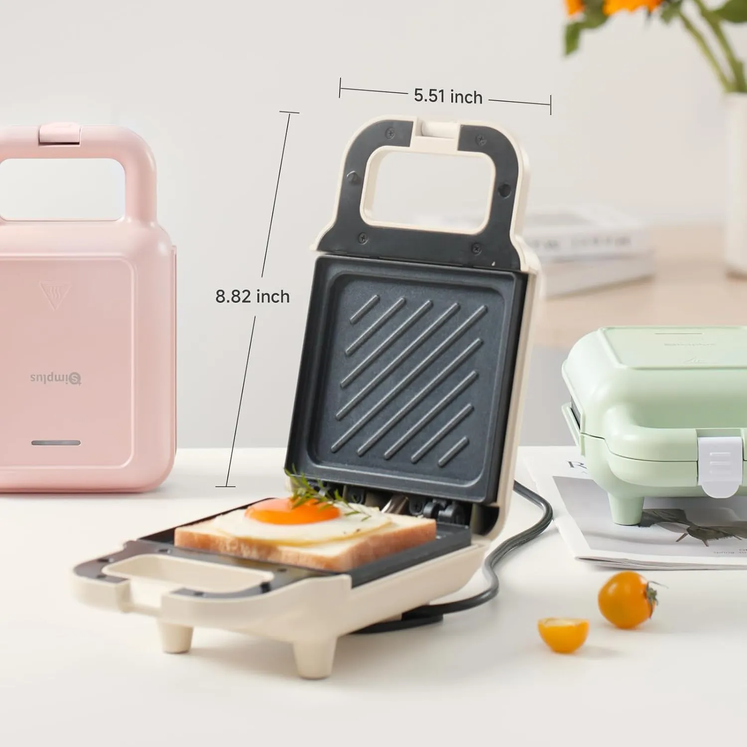 SIMPLUS Electric Sandwich Maker with Non-Stick Plates, Indicator Lights, Cool Touch Handle, Easy to Clean and Store, Perfect for Cooking Breakfast, Grilled Cheese, Tuna Melts and Snacks, Oatmilk