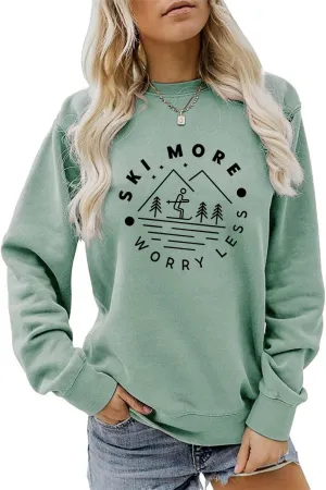 Ski More Worry Less Sweatshirt, Winter Sports Sweater Women Skiing Trip Shirt Crewneck Graphic Pullover Holiday Tops